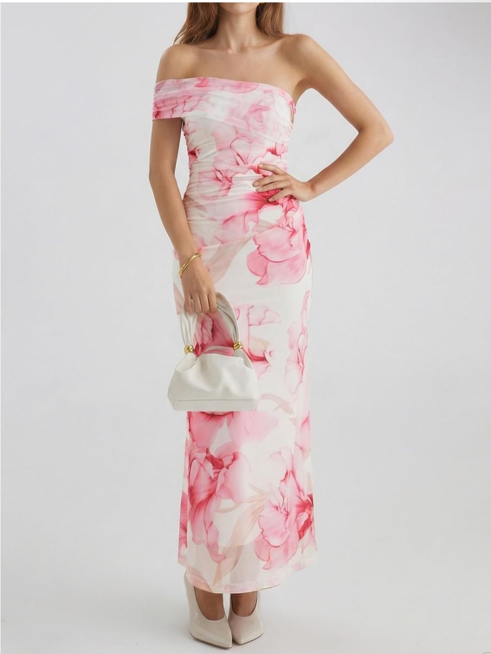 Off-Shoulder Pink Mesh Floral Column Dress. Size Medium. NWT